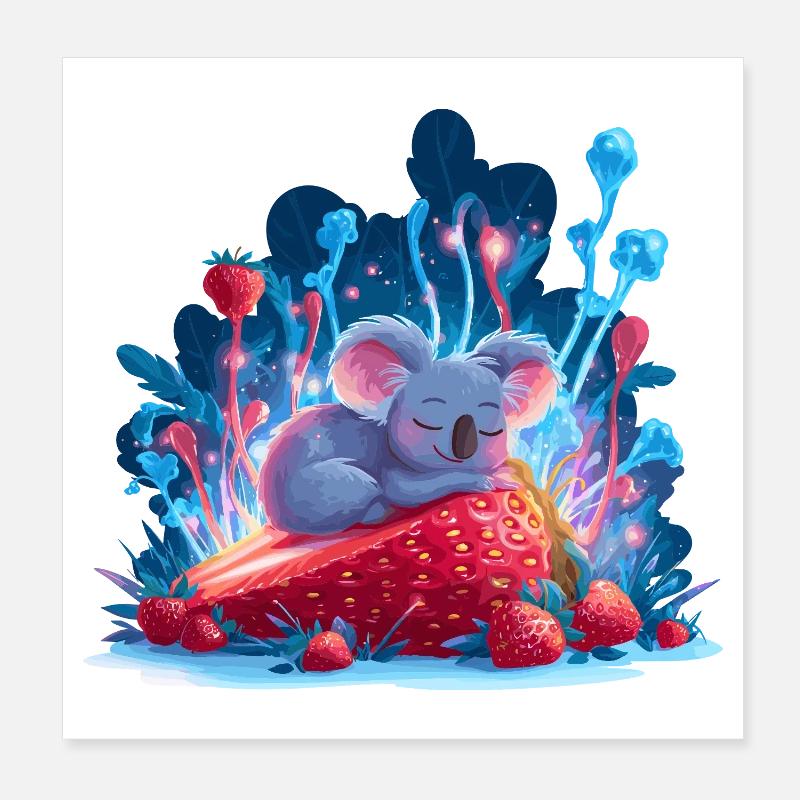 Schlafender Koala auf Erdbeere Neonwald Poster 20x20 cm