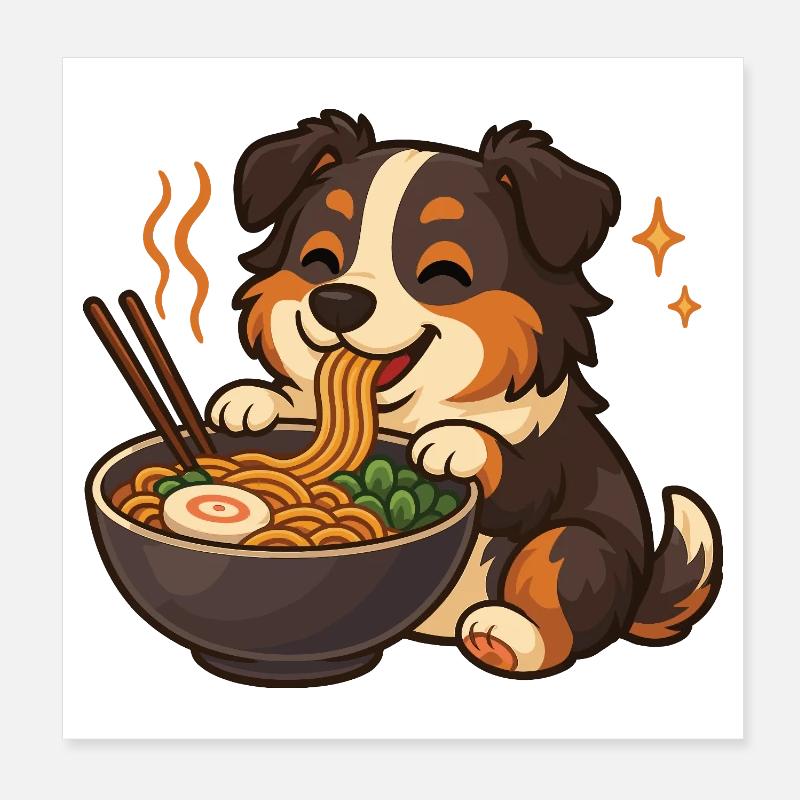 Australian Shepherd with Noodles Ramen kawaii Poster 8" x 8" (20x20 cm)