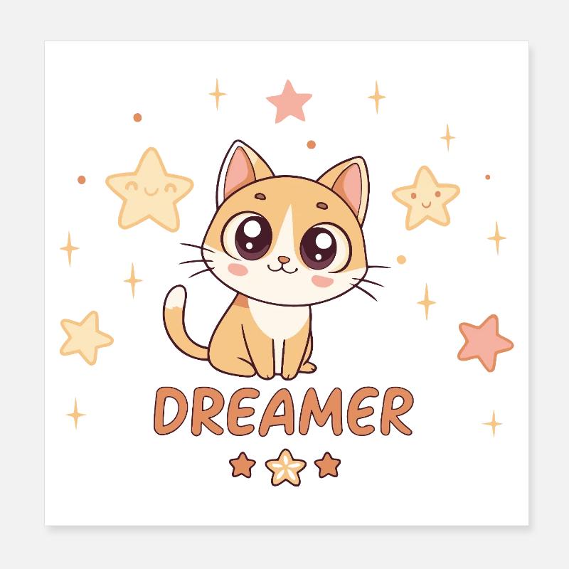 Chaton Reveur et Etoiles Douces Poster 20 x 20 cm