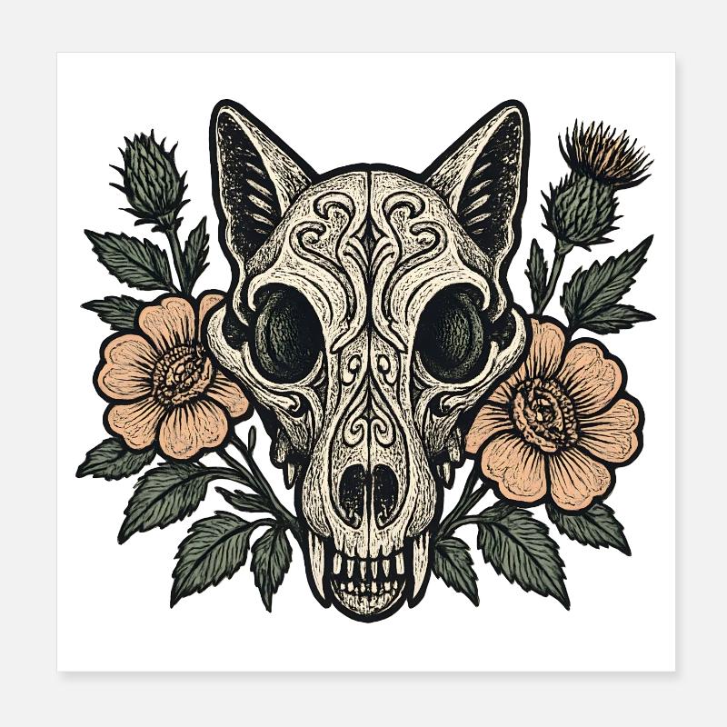 Blossoms Skull Fox Poster 8" x 8" (20x20 cm)