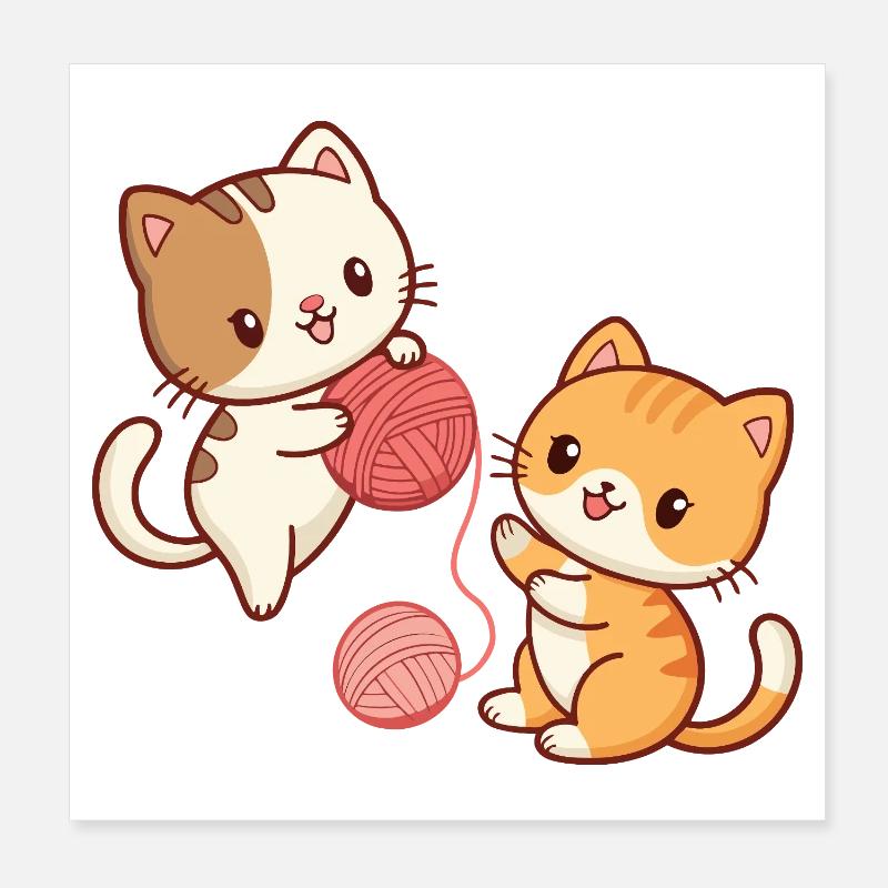 Chats Mignons et Pelotes Colorées Poster 20 x 20 cm