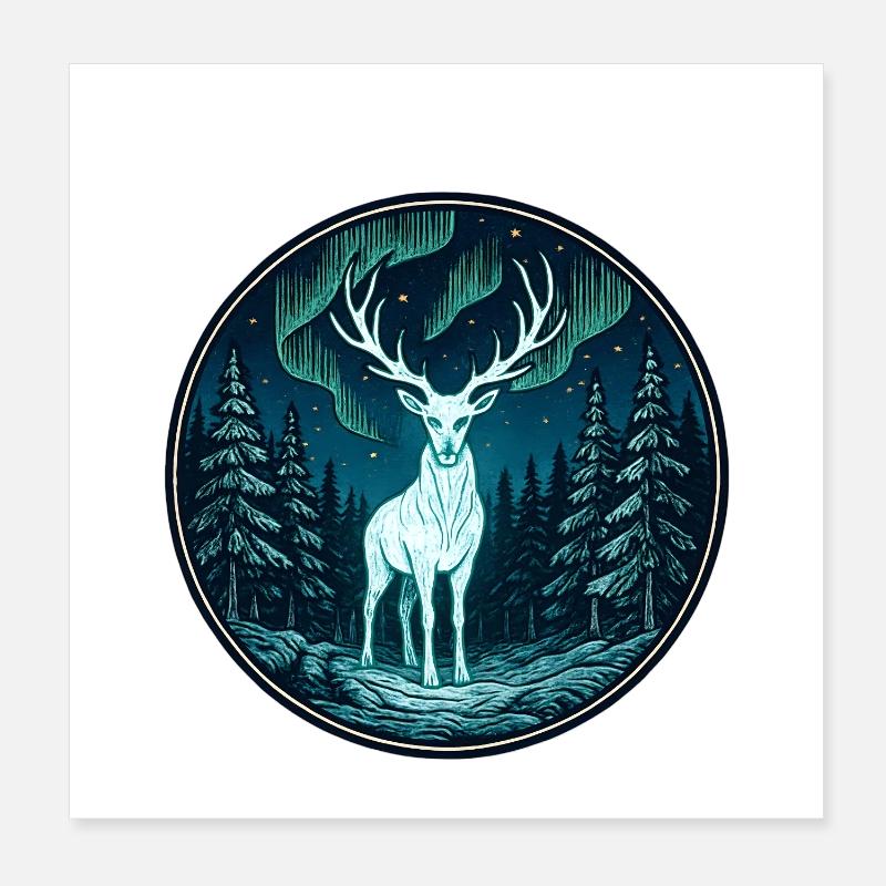 Aurora deer in the night forest Poster 8" x 8" (20x20 cm)