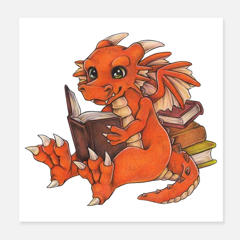 Niedlicher Lesender Drache Fantasy Geschenkidee Poster 20x20 cm