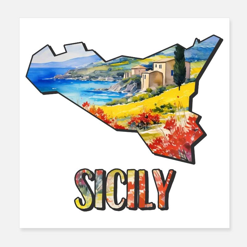 Carte à l’aquarelle de la Sicile Poster 20 x 20 cm