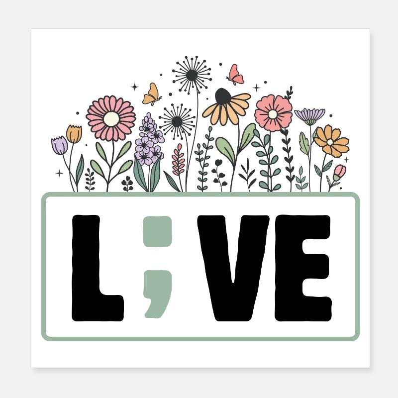 Live Santé Mentale avec Fleurs Colorées Poster 20 x 20 cm