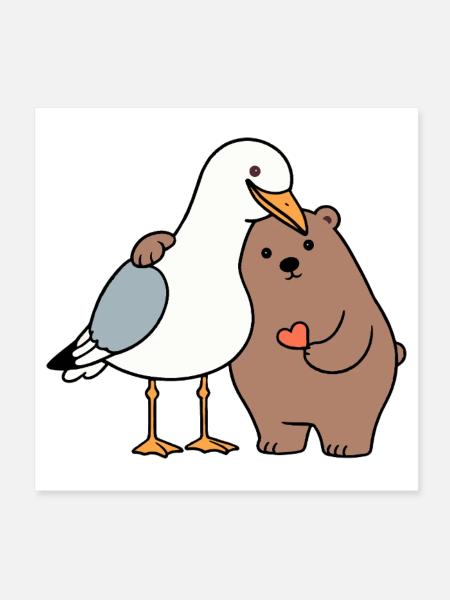 North Sea Seagull Brown Bear Friendship Love Lean - Poster 8" x 8" (20x20 cm) - white - Front