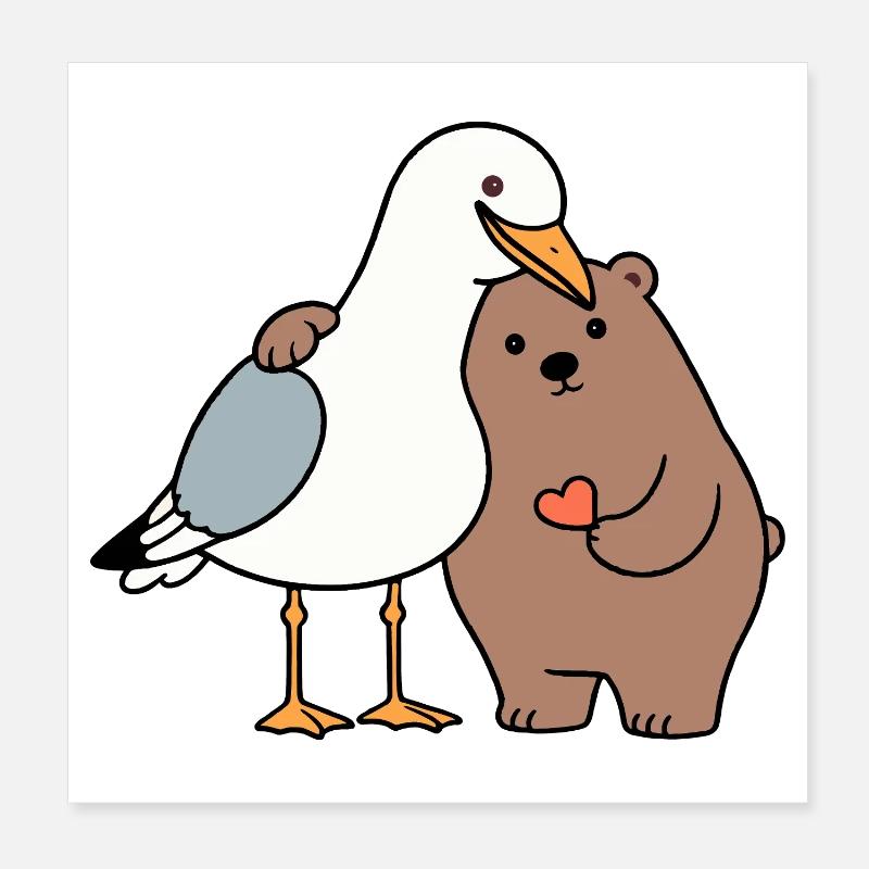 North Sea Seagull Brown Bear Friendship Love Lean Poster 8" x 8" (20x20 cm)