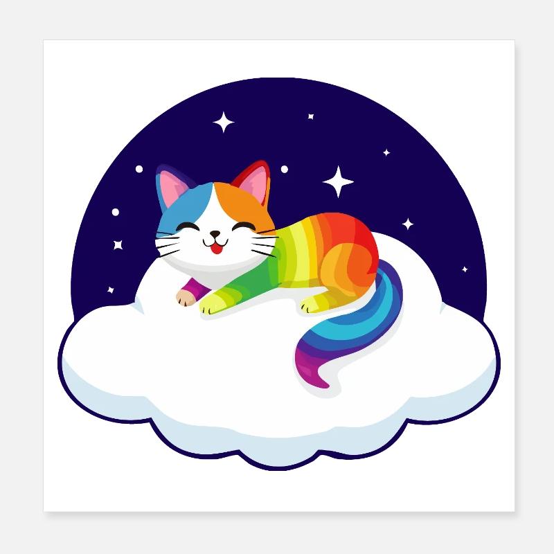 Un chat hétéroclite flotte sur un nuage (nuit) Poster 20 x 20 cm