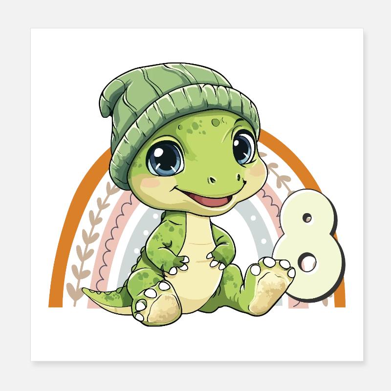 8th Birthday Dinosaur Rainbow Cute Cute Poster 8" x 8" (20x20 cm)