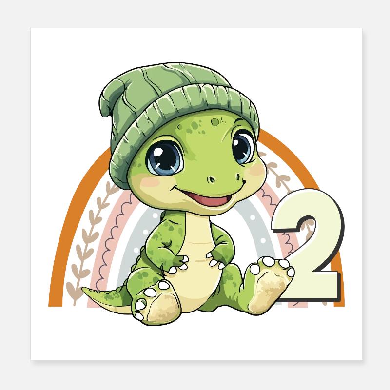 2e anniversaire Dinosaure Arc-en-ciel mignon mignon Poster 20 x 20 cm