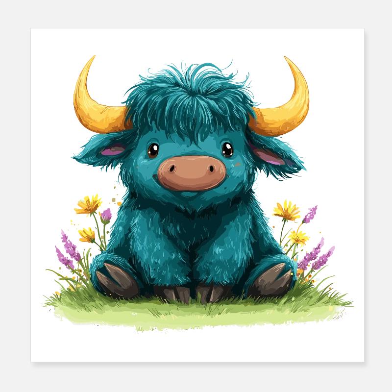 Yak bleu dans une mer de fleurs Poster 20 x 20 cm