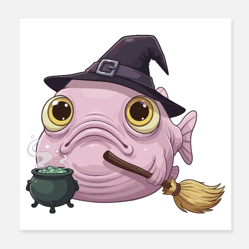 Poisson-Blobfish Drôle - Chapeau de Sorcière et Chaudron Magique Poster 20 x 20 cm