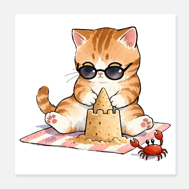 😸 🏖 Chat à la plage avec château de sable Poster 20 x 20 cm