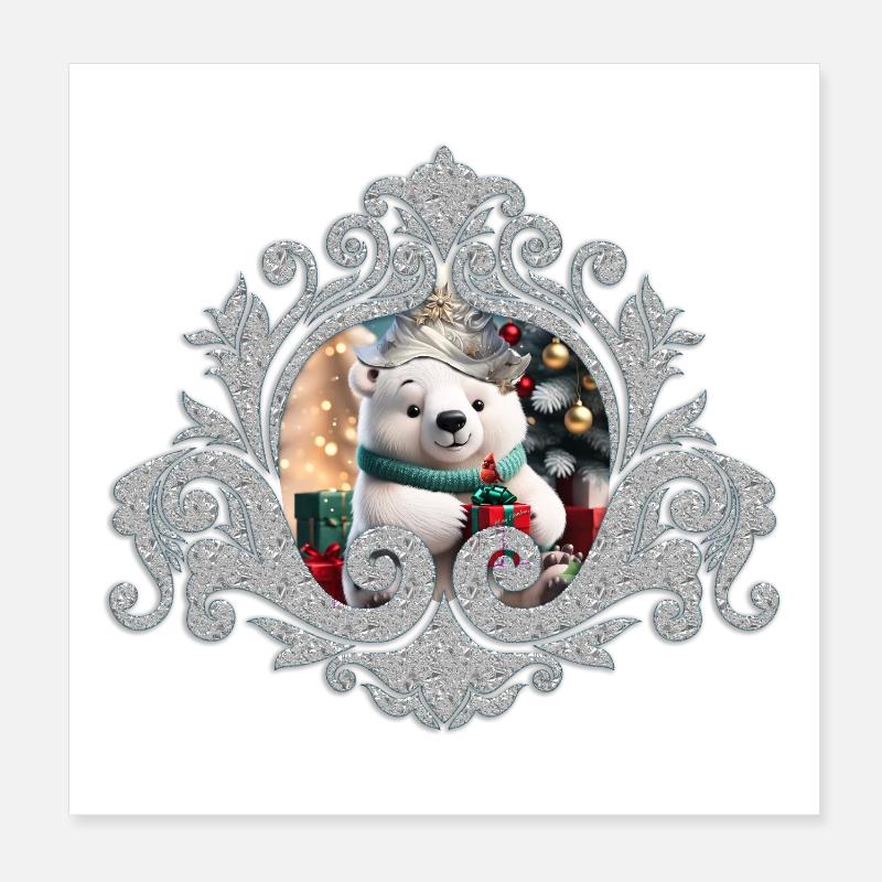 Niedlicher flauschiger Weihnachts-Eisbär mit Geschenk. Poster 20x20 cm