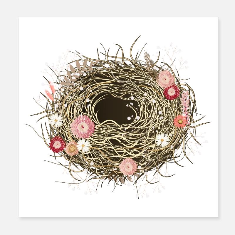 Nid d’oiseau vide ou panier de Pâques avec des fleurs séchées Poster 20 x 20 cm