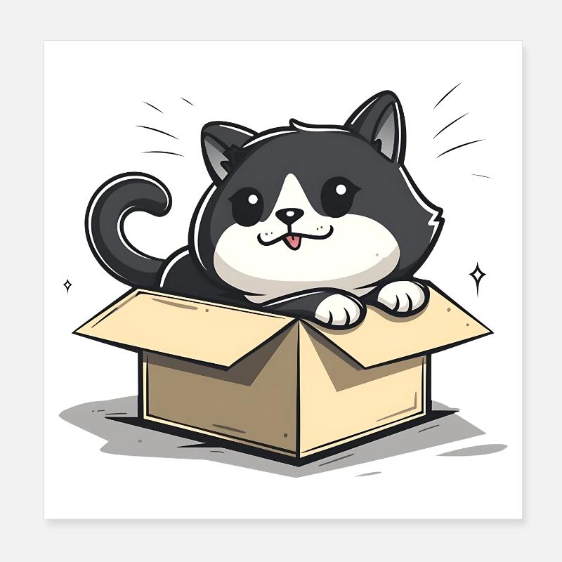 Happy Cat Sitting Inside an Empty Cardboard Box Poster 8" x 8" (20x20 cm)