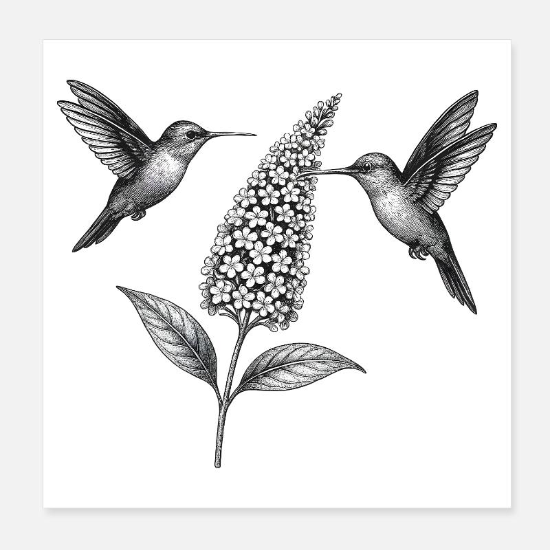 Hummingbirds with Flower Boho Cottagecore Poster 8" x 8" (20x20 cm)