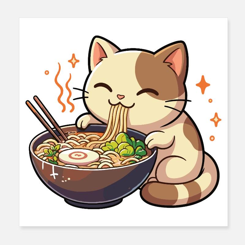 Cat with noodles ramen kawaii cat Poster 8" x 8" (20x20 cm)