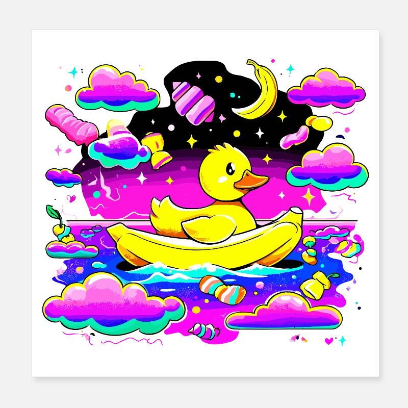 Bunte Quietscheente im Regenbogenboot Poster 20x20 cm