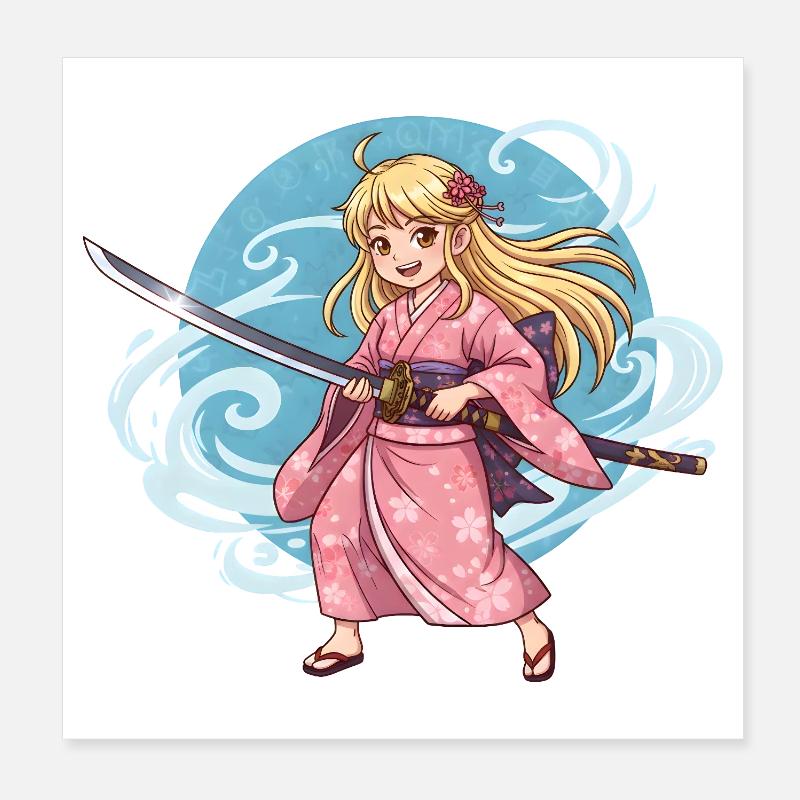 Fille samouraï d’anime en kimono avec un katana Poster 20 x 20 cm
