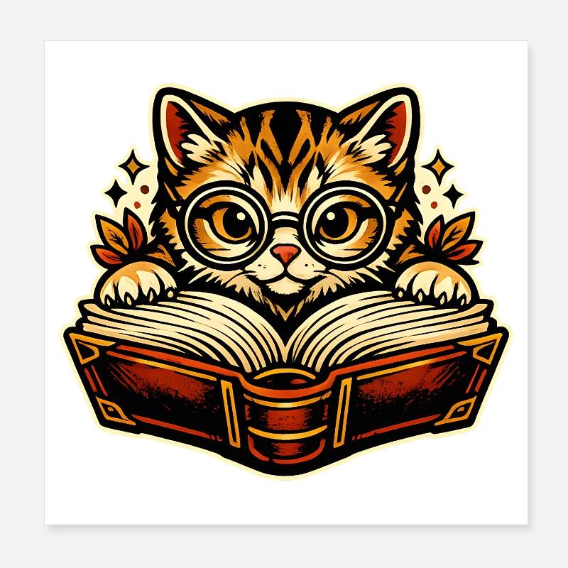 Chaton avec des lunettes en train de lire Poster 20 x 20 cm