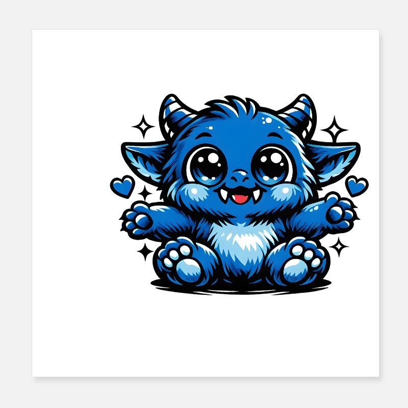 Blauer Kuschel-Drachen Comicstil Poster 20x20 cm