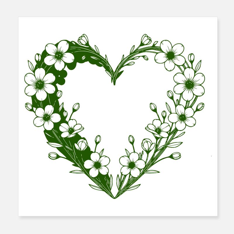 Cœur fleuri vert Silhouette florale Poster 20 x 20 cm