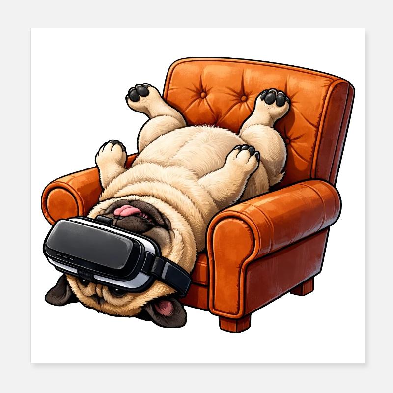 Mops mit VR Brille im Sessel Poster 20x20 cm