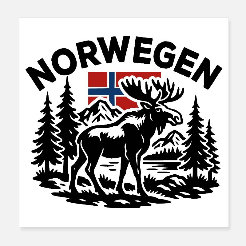Norway Flag - Mountains Lakes Forest Moose Poster 8" x 8" (20x20 cm)