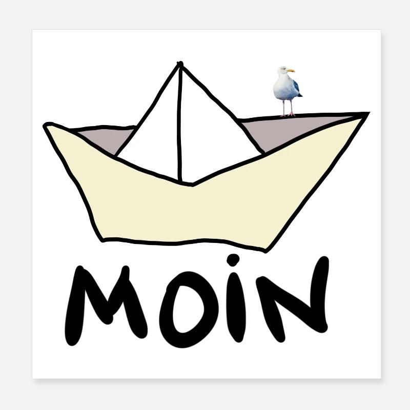 Papierboot am Strand mit Möwe Poster 20x20 cm