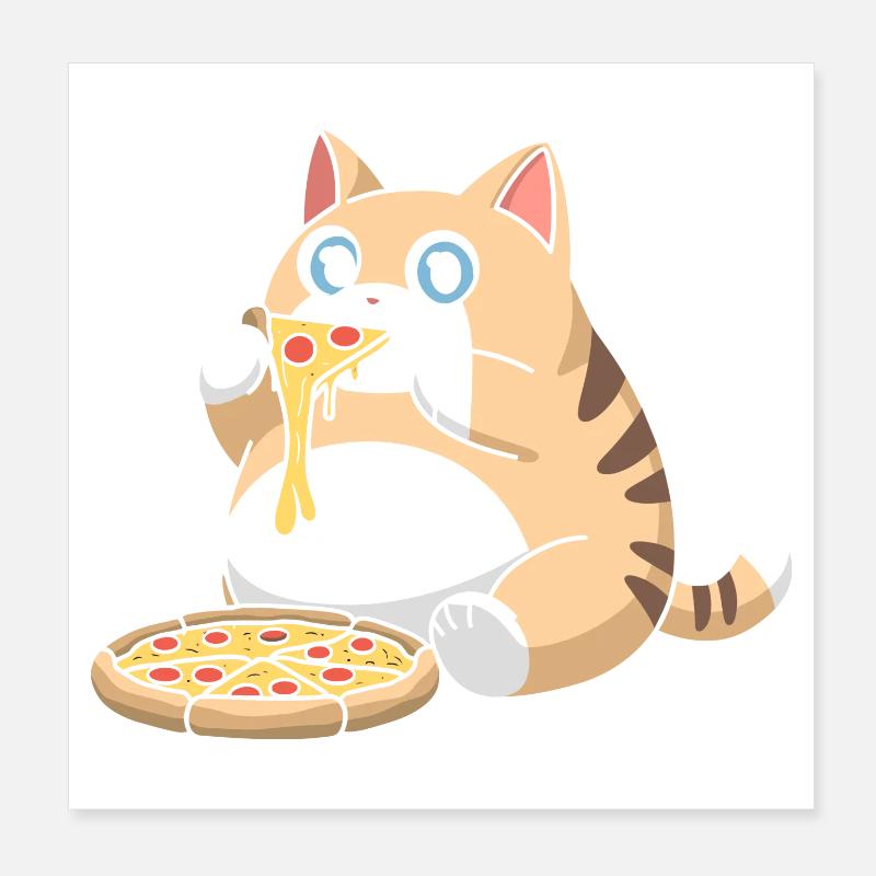 Cute Chubby Cat Eating Pizza Poster 8" x 8" (20x20 cm)