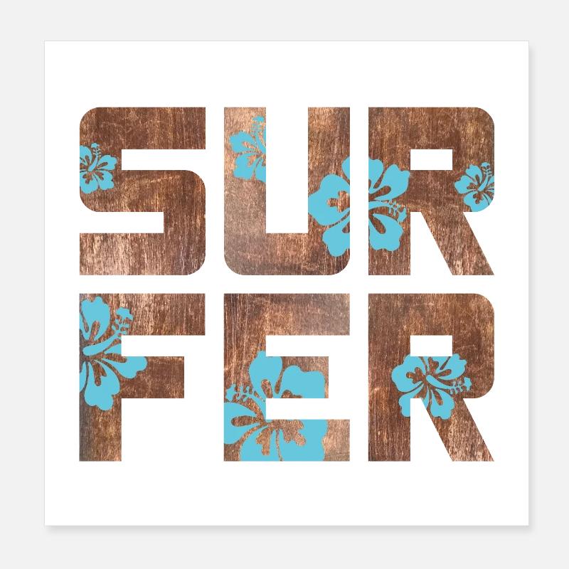 Surfer Hawaii Hibiscus Blossom Surf Wood Pattern Poster 8" x 8" (20x20 cm)