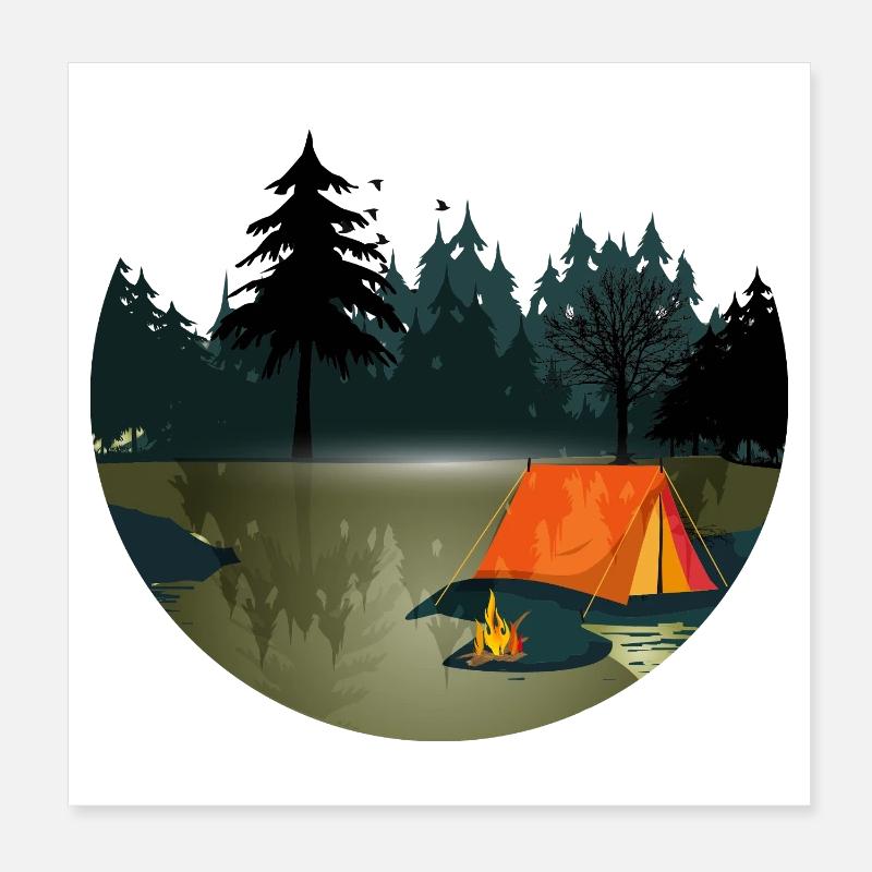 Tente et feu de camp dans la forêt sombre Poster 20 x 20 cm
