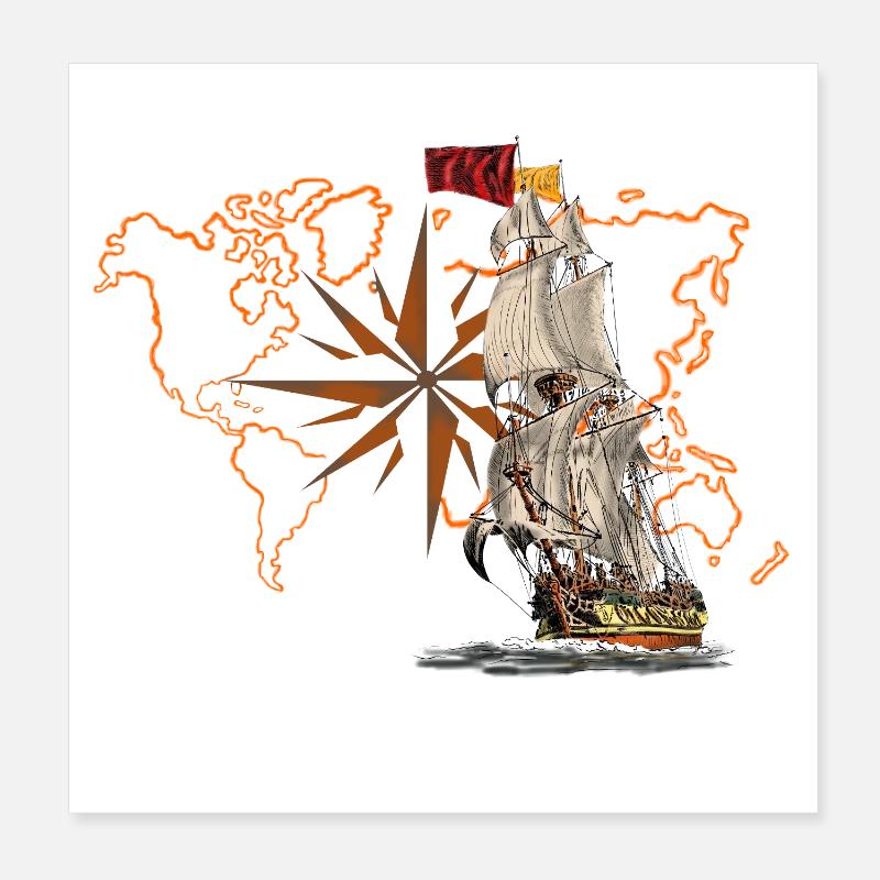 Sailing ship in front of world map Poster 8" x 8" (20x20 cm)