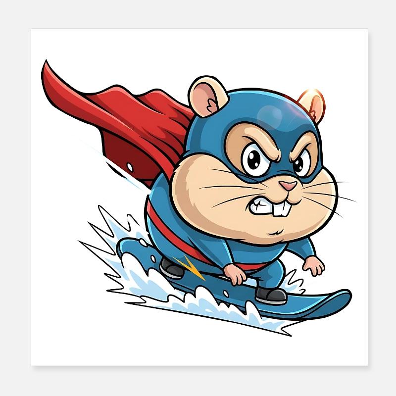 Dessin animé de super-héros hamster surf skate Poster 20 x 20 cm