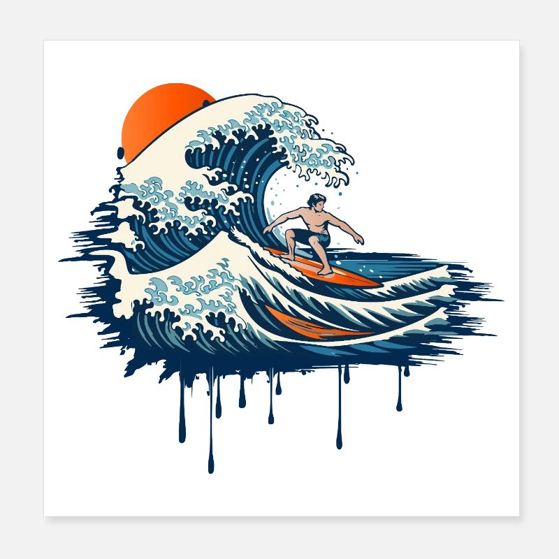 Dynamic Surf Illustration on Powerful Wave Poster 8" x 8" (20x20 cm)