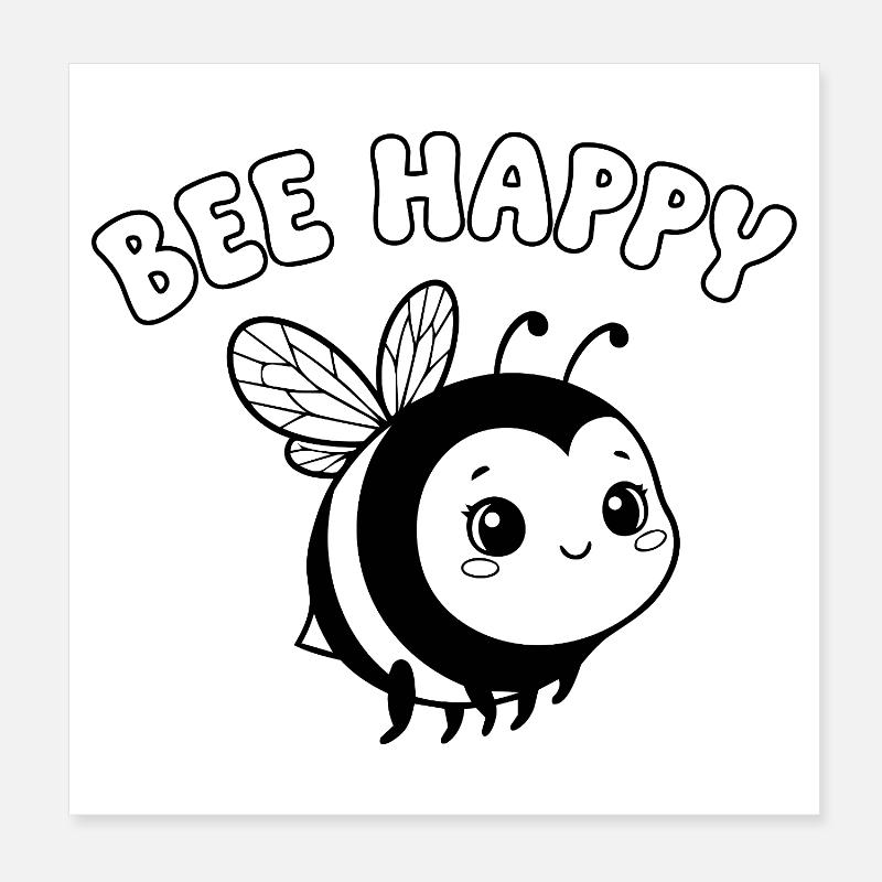 Bee Happy – Cute Bee Lineart Black White Poster 8" x 8" (20x20 cm)