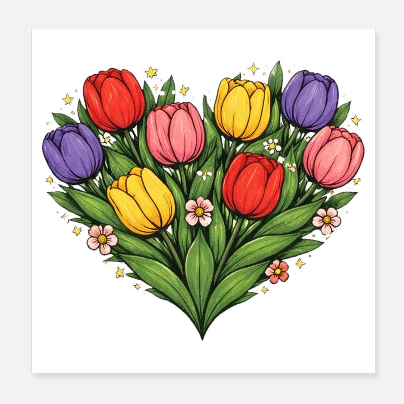 Regenbogen-Tulpen-Herzstrauß Poster 20x20 cm