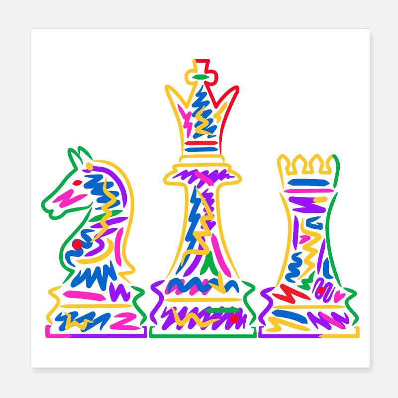 Joueur d’échecs Pièces d’échecs colorées Échecs pour enfants Poster 20 x 20 cm