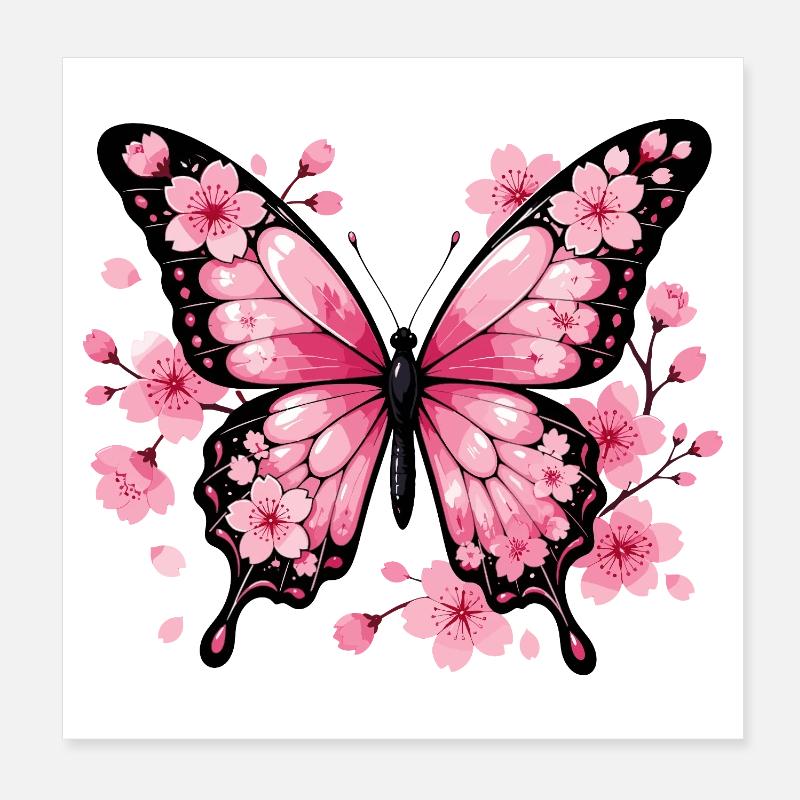 Papillon rose devant des cerisiers en fleurs Poster 20 x 20 cm