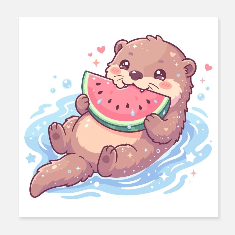 La loutre Kawaii mange de la pastèque Poster 20 x 20 cm