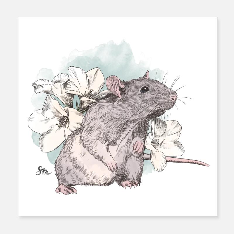 Rat devant de délicates fleurs sur une masse aquarelle Poster 20 x 20 cm