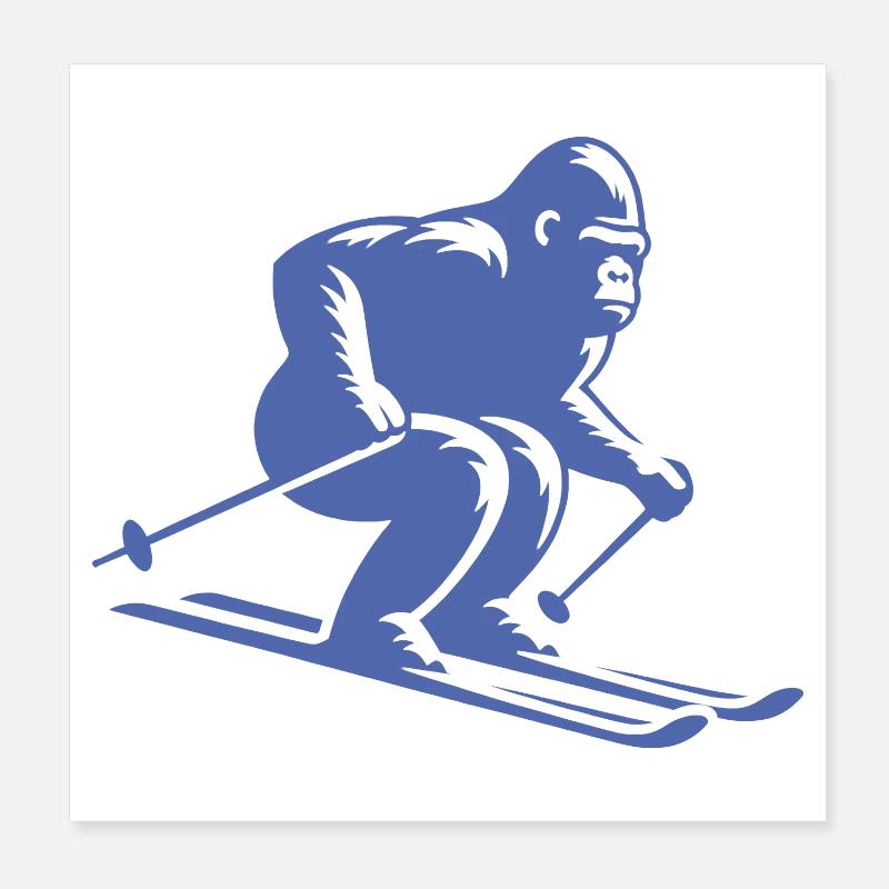 Monkey Gorilla Chimpanzee Ski Silhouette Design Poster 8" x 8" (20x20 cm)