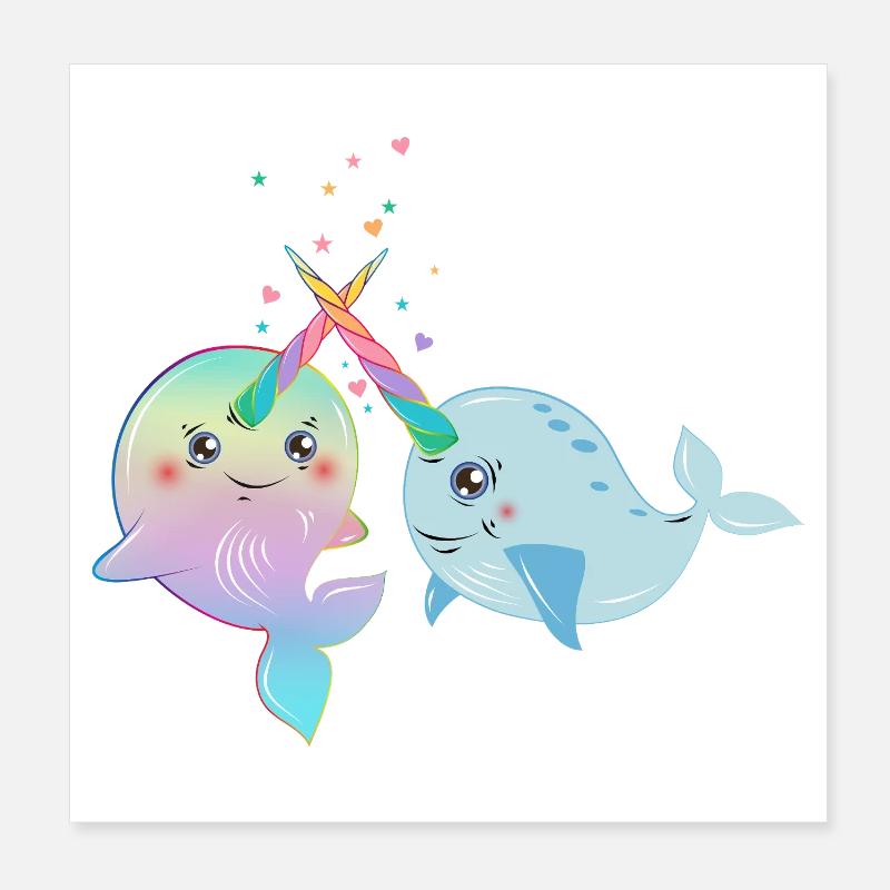 Verliebte Narwale mit Regenbogenhörnern Poster 20x20 cm