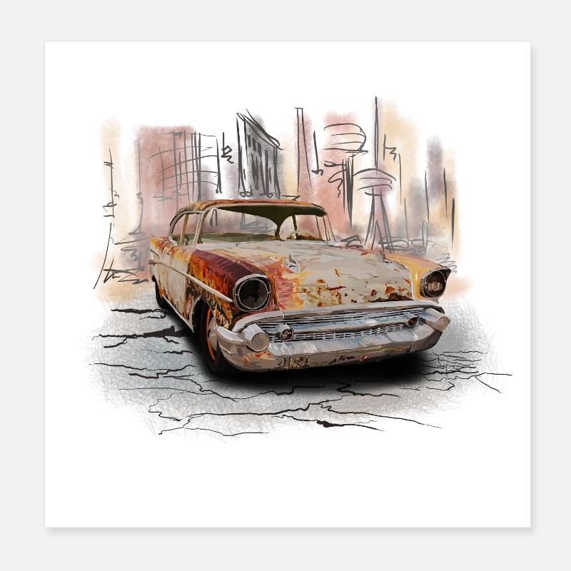 Rostiger Oldtimer Stadt Szene - Poster 20x20 cm - Weiß