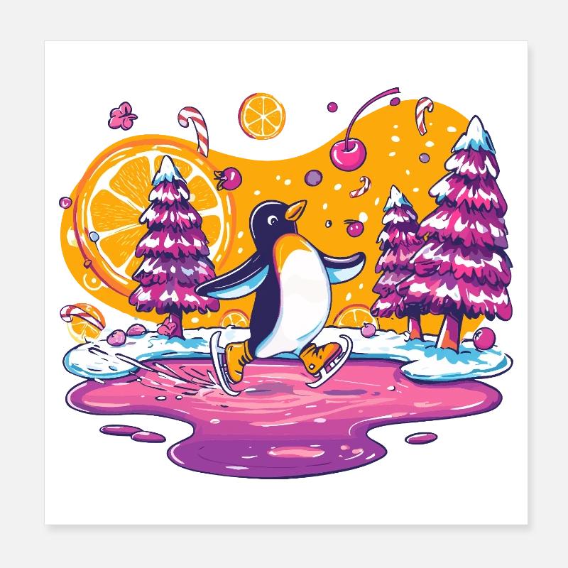 Winterpinguin Skater Farbexplosion Poster 20x20 cm