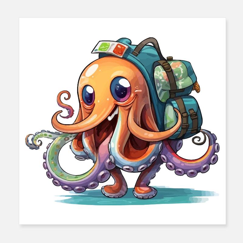 Oktopus Entdecker mit Rucksack Poster 20x20 cm