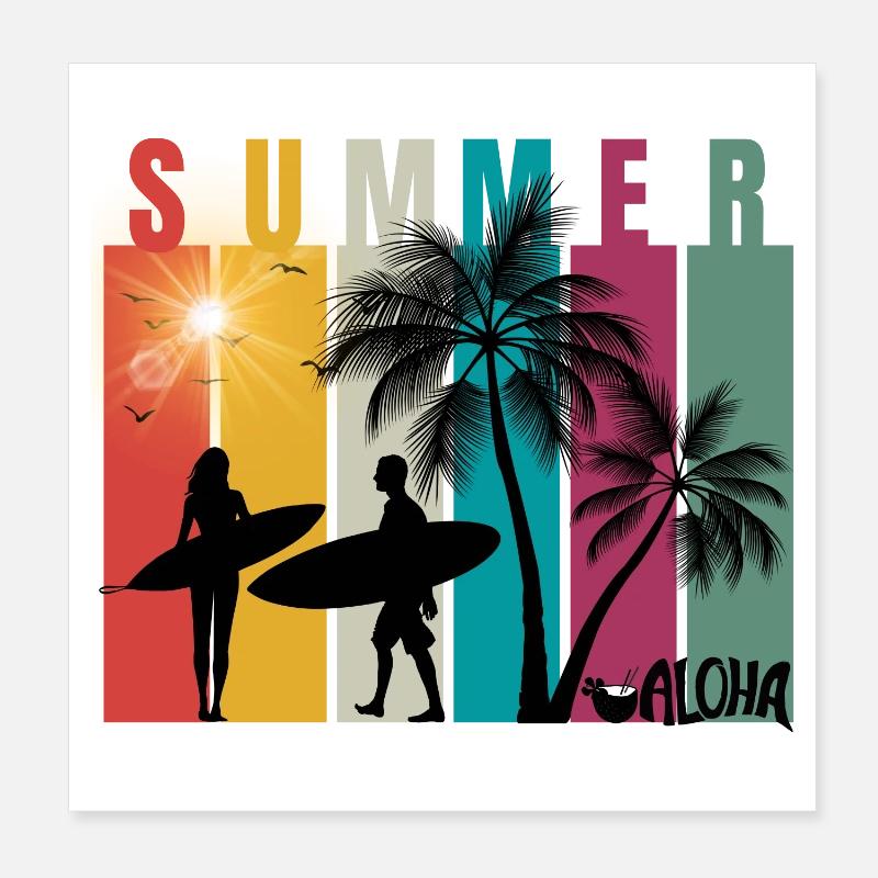 Summer - Sommer - Hawaii - Aloha - Surfer - Poster 20x20 cm - Weiß