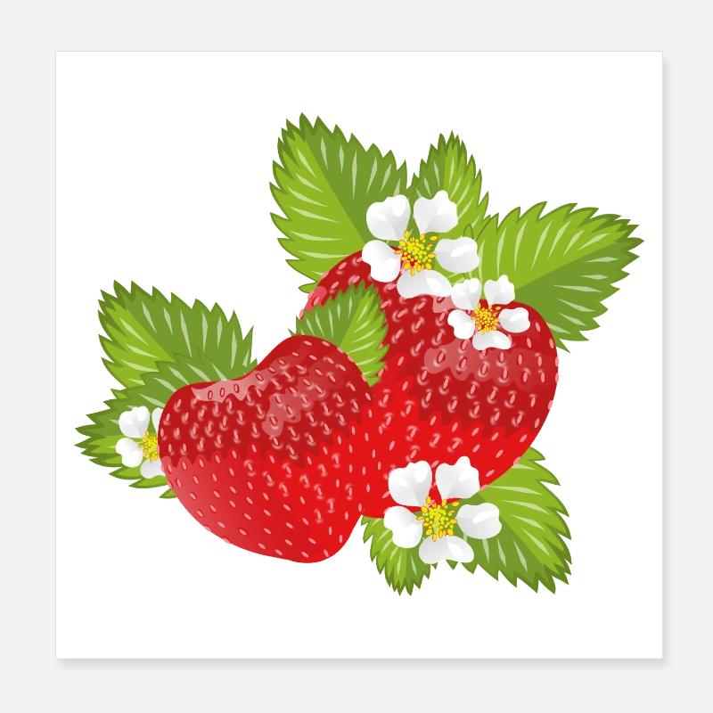 Fraises entourées de feuilles vertes et de fleurs Poster 20 x 20 cm