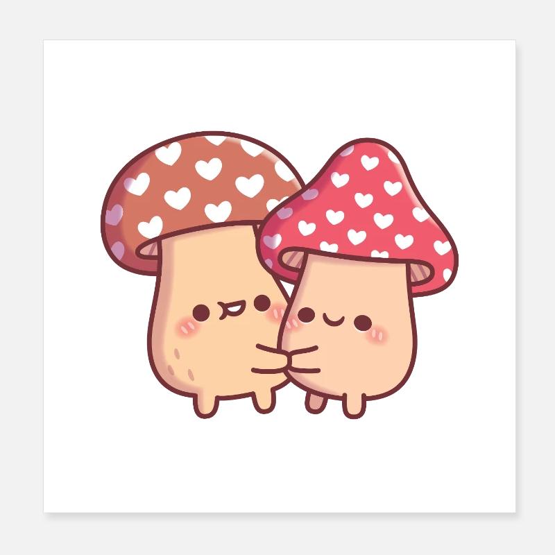 Couple mignon de champignons en forme de champignon qui s’enlaçoit - Poster 20 x 20 cm - blanc